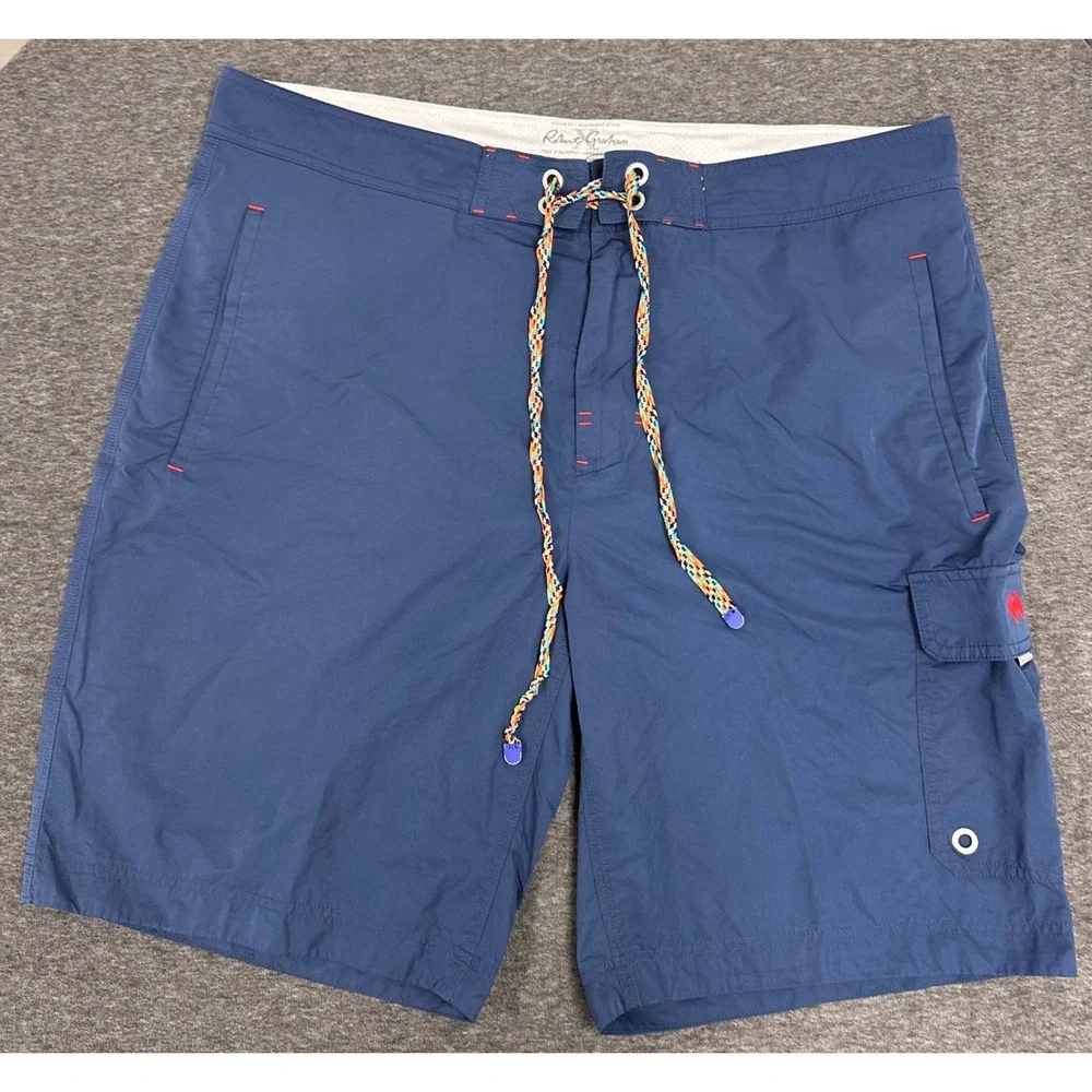 Robert‎ Graham Active Fit Blue Surf Beach Swim Trunks Cargo Pocket Drawstring XL
